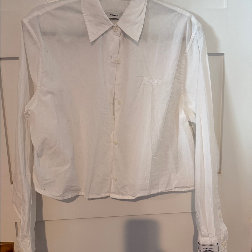 Coach Cropped White Collared Shirt with Subtle Logo-size 4